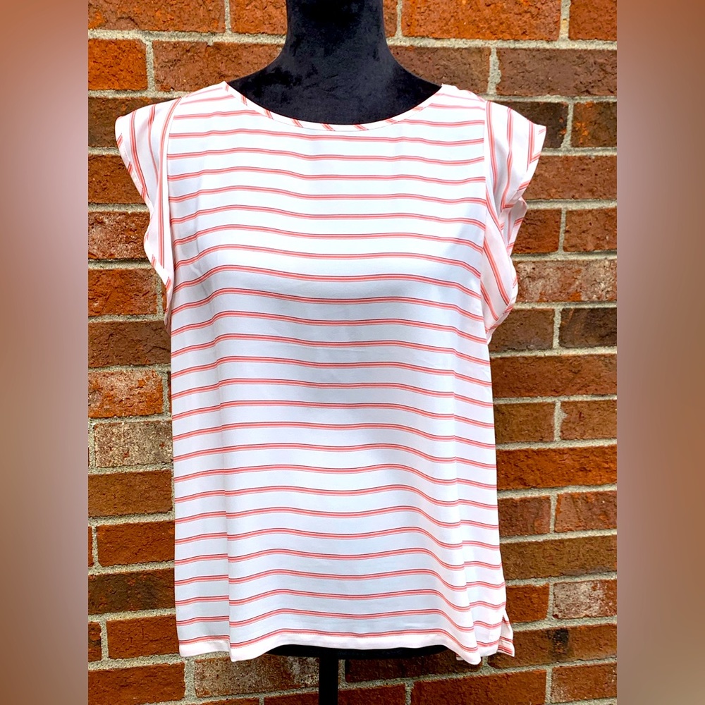 Loft size medium petite silky top.  Peach stripe w white background